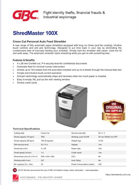 GBC ShredMaster 100X Auto Feed Paper Shredder Cross Cut 100 sheets by tray & 8 sheets by pass GBC 100X