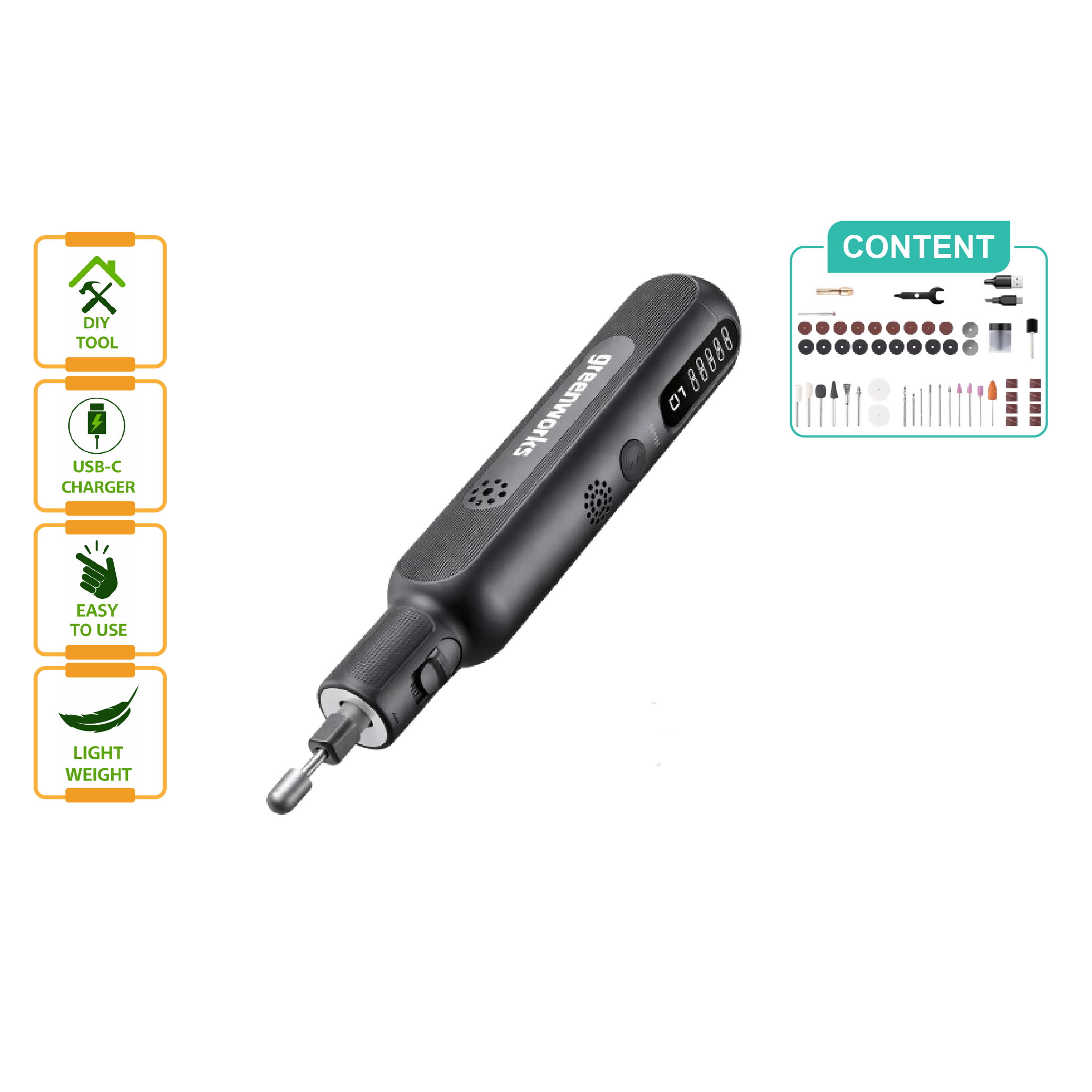 GREENWORKS 8V Engraving Tool Set 鈥�AGK302