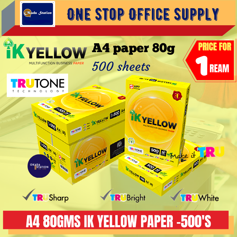 A4 80GMS IK YELLOW PAPER- 500 SHEET (IK YELLOW) (A4 PAPER) / A4 PAPER / IK YELLOW / INDAH KIAT / A4 PAPER / 80G / 500SHEETS / WHITE PAPER / PHOTOSTAT PAPER