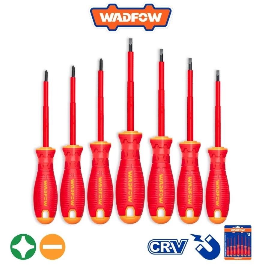 WADFOW 7 PCS INSULATED SCREWDRIVER SET (1000V) SIZE: SL3.0, SL4.0, SL5.5, SL6.5, PH0, PH1, PH2 WSS7407