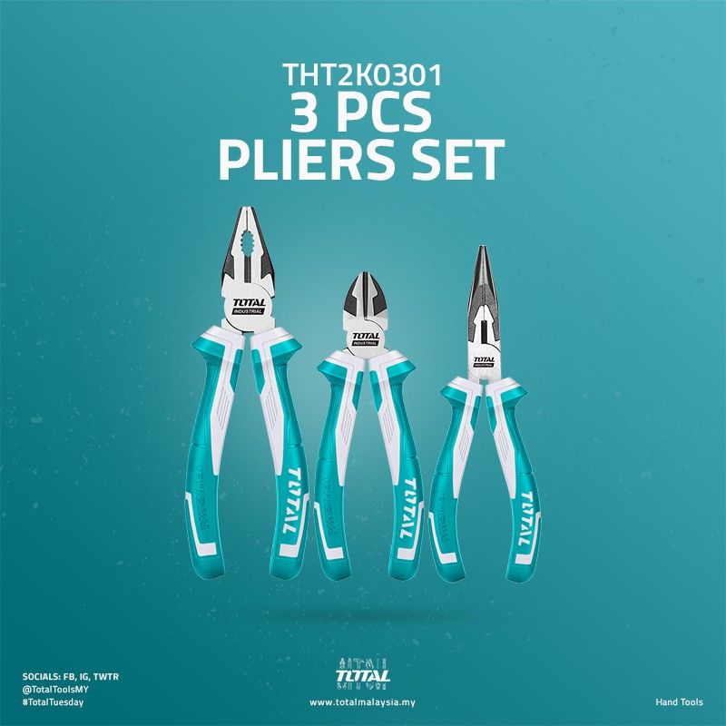 TOTAL PLIERS SET CR-V STEEL COMBINATION (8") + LONG NOSE (6") + DIAGONAL CUTTING (6") THT2K0301