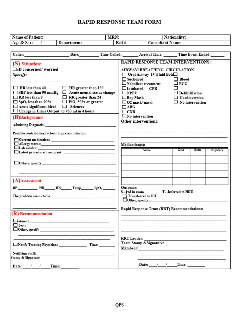 QP A&E AMBULANCE RAPID RESPONSE DOCUMENTATION FORM