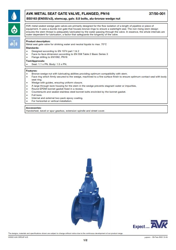 *AVK METAL SEAT GATE VALVE, FLANGED DN100mm PN16 - 37-100-50-210001