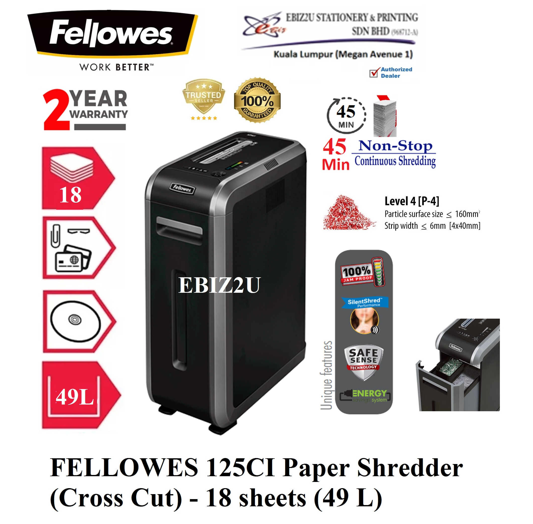 FELLOWES 125CI Paper Shredder (Cross Cut - 4 x 38mm) - 18 sheets (49 Liters) (45 mins non stop, Cross Cut, Paper Shredder, Shredder Machine, Office Shredder, Heavy Duty Shredder, Mesin Penghancur Kertas)