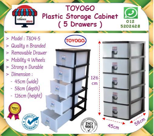 TOYOGO Plastic Storage Cabinet (5 Drawer) / Toyogo Storage Box / Plastic Cabinet / 5 Tingkat Peti Simpanan Plastik # 5 Drawers # 5 Tingkat Laci # Model : T804-5 # Buatan Malaysia # RP0881 ( KTT : 1 Unit )