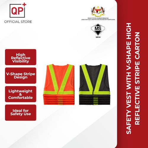 [CARTON 50PC] SAFETY VEST WITH V-SHAPE HIGH REFLECTIVE STRIPE BAJU KESELAMATAN CAHAYA (BLACK/ORANGE)-Orange
