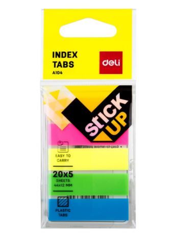 Deli Multi Colour Index Tabs EA10402 44x12mm Pink, Orange, Yellow, Green, Blue [ 5 colour x 20's ]