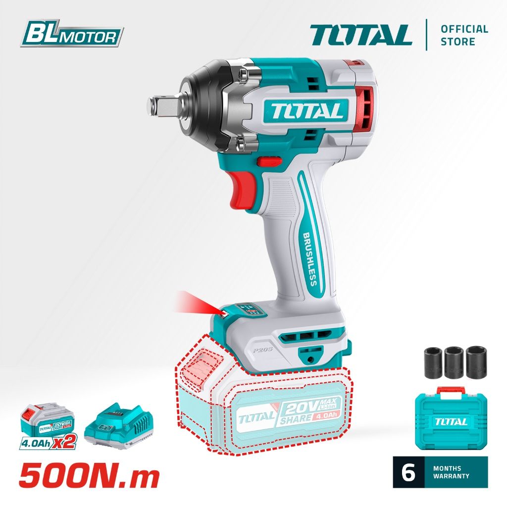 TOTAL LI-ION IMPACT WRENCH (500NM/ 1/2" /20V) BRUSHLESS MOTOR + 4.0AH BATTERY (2 PCS) + CHARGER + SOCKET P20S TIWLI2050