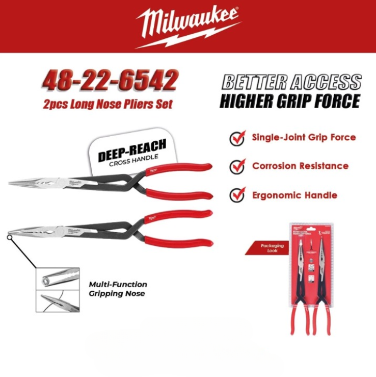 MILWAUKEE 2PCS DEEP REACH LONG NOSE PLIERS SET STRAIGHT (48-22-6542)