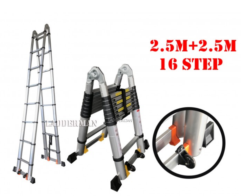 5M (2.5M+2.5M) DOUBLE-SIDED MULTIPURPOSE TELESCOPIC ALUMINIUM LADDER WITH ROLLER