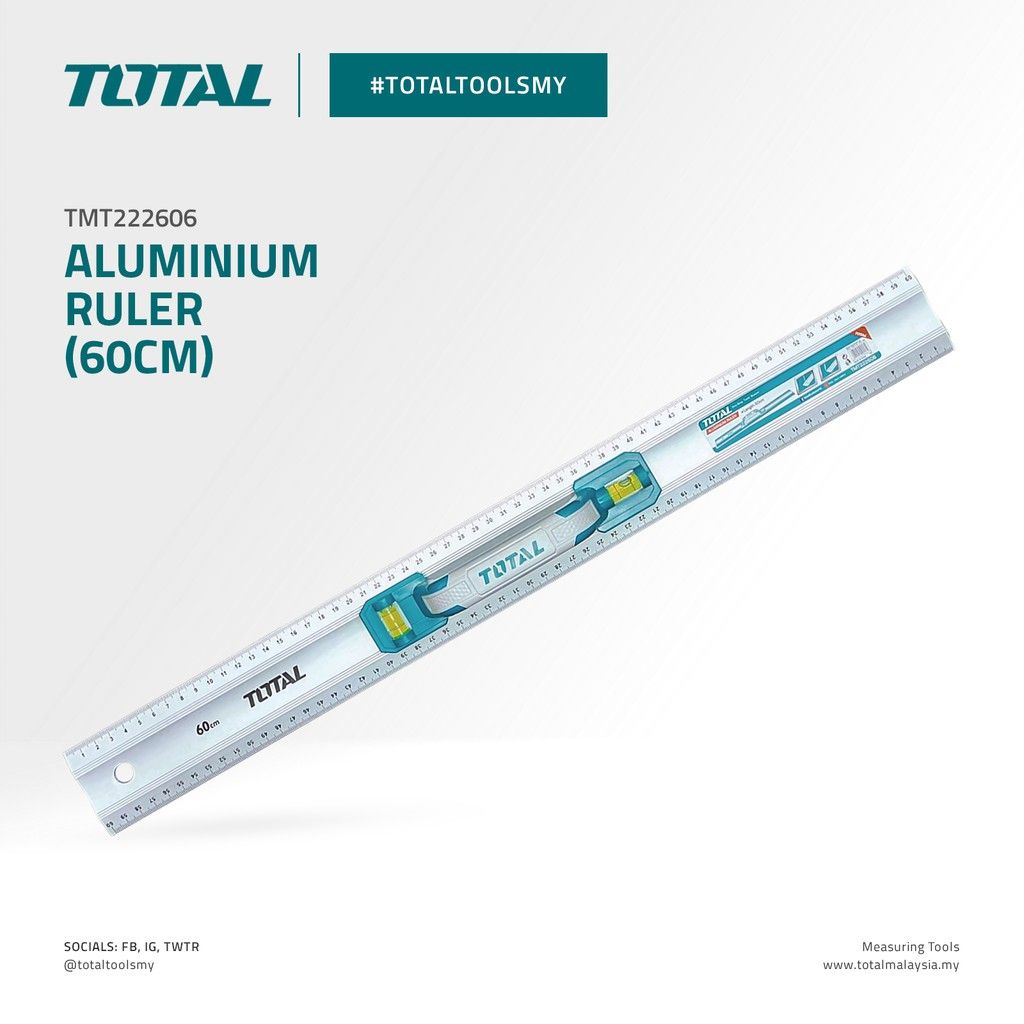 TOTAL ALUMINIUM RULER WITH 2 SPIRIT BUBBLES/LEVELS IN HORIZONTAL & VERTICAL POSITIONS (60CM) TMT222606