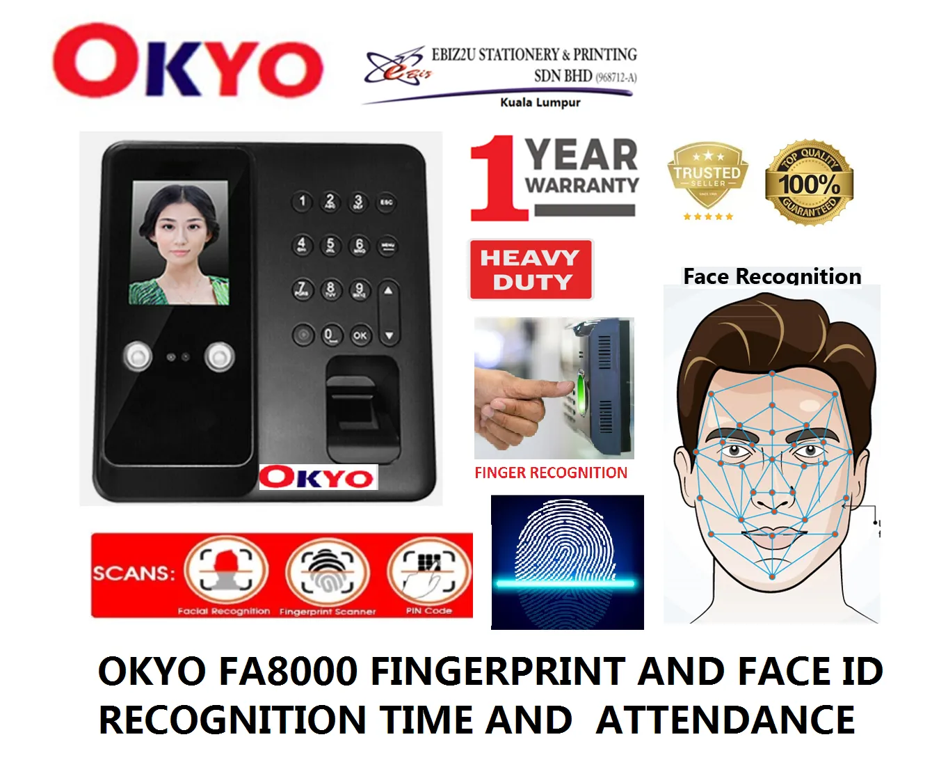 OKYO FA8000 FINGERPRINT AND FACE ID RECOGNITION TIME AND ATTENDANCE BIOMETRIC SCANNER FACE ID SCANNER (mesin perakam waktu, Finger Print, punch card machine, mesin kad punch, time recorder machine, time recorder)
