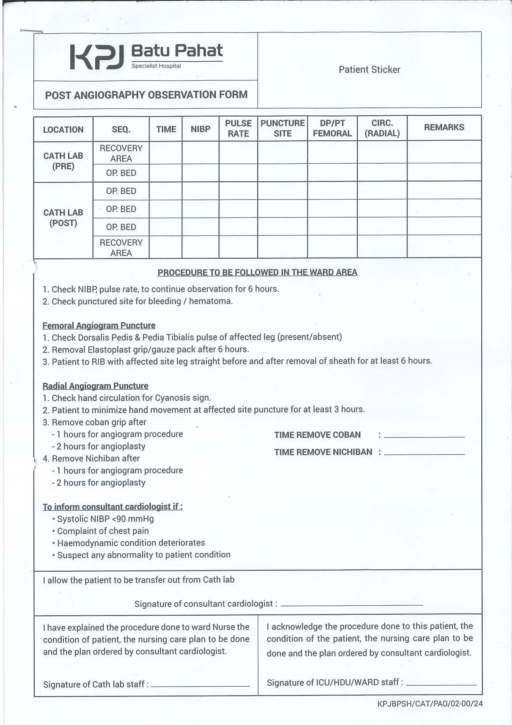 Post Angiography Observation Form