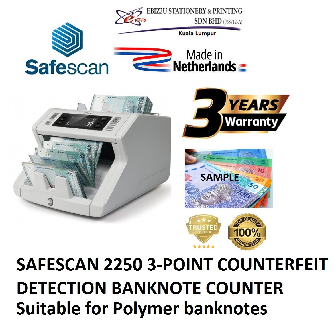 SAFESCAN 2250 3-POINT COUNTERFEIT DETECTION BANKNOTE COUNTER - (note counter machine, Banknote Counter, Bill Counter, Money Counting Machine, Money Notes Counter, Money counter Machine, Cash Machine)