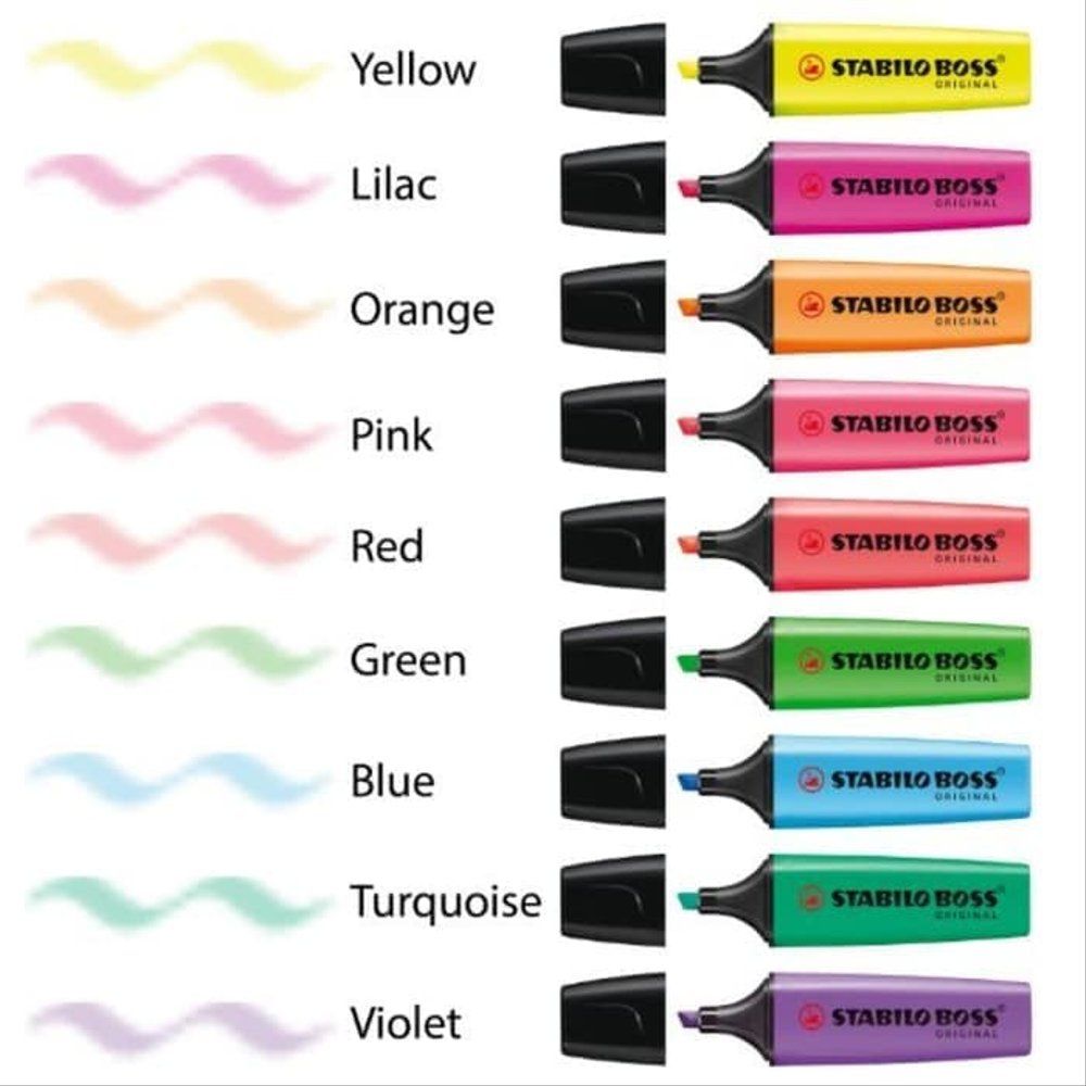 STABILO BOSS HIGHLIGHTER PEN -YELLOW,BLUE,GREEN,RED,ORANGE,LAVENDER,PINK,LILAC