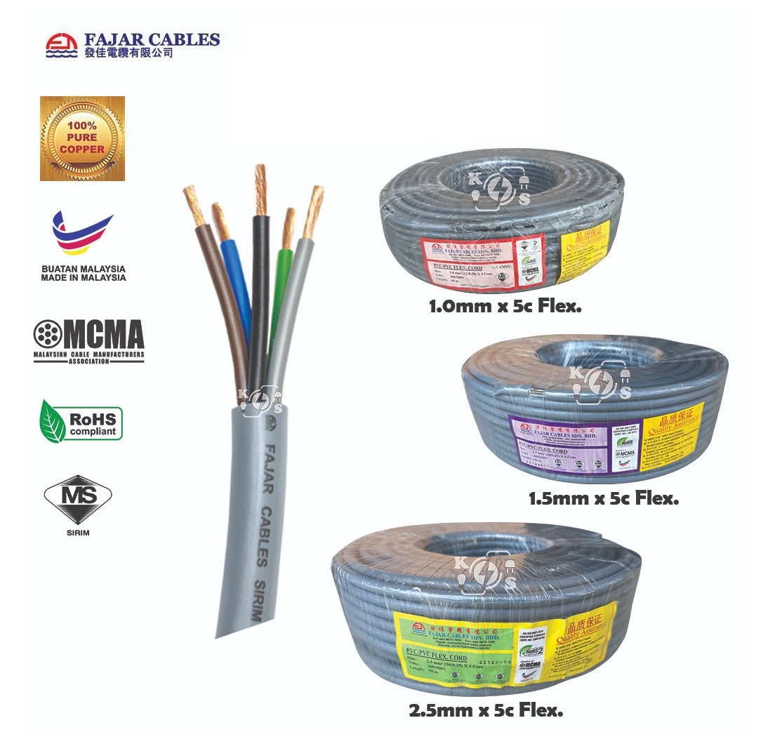 Fajar 1.0MM / 1.5MM / 2.5MM 5 Core Flexible Cable Core 100% Pure Copper (90 Meter Per Roll)