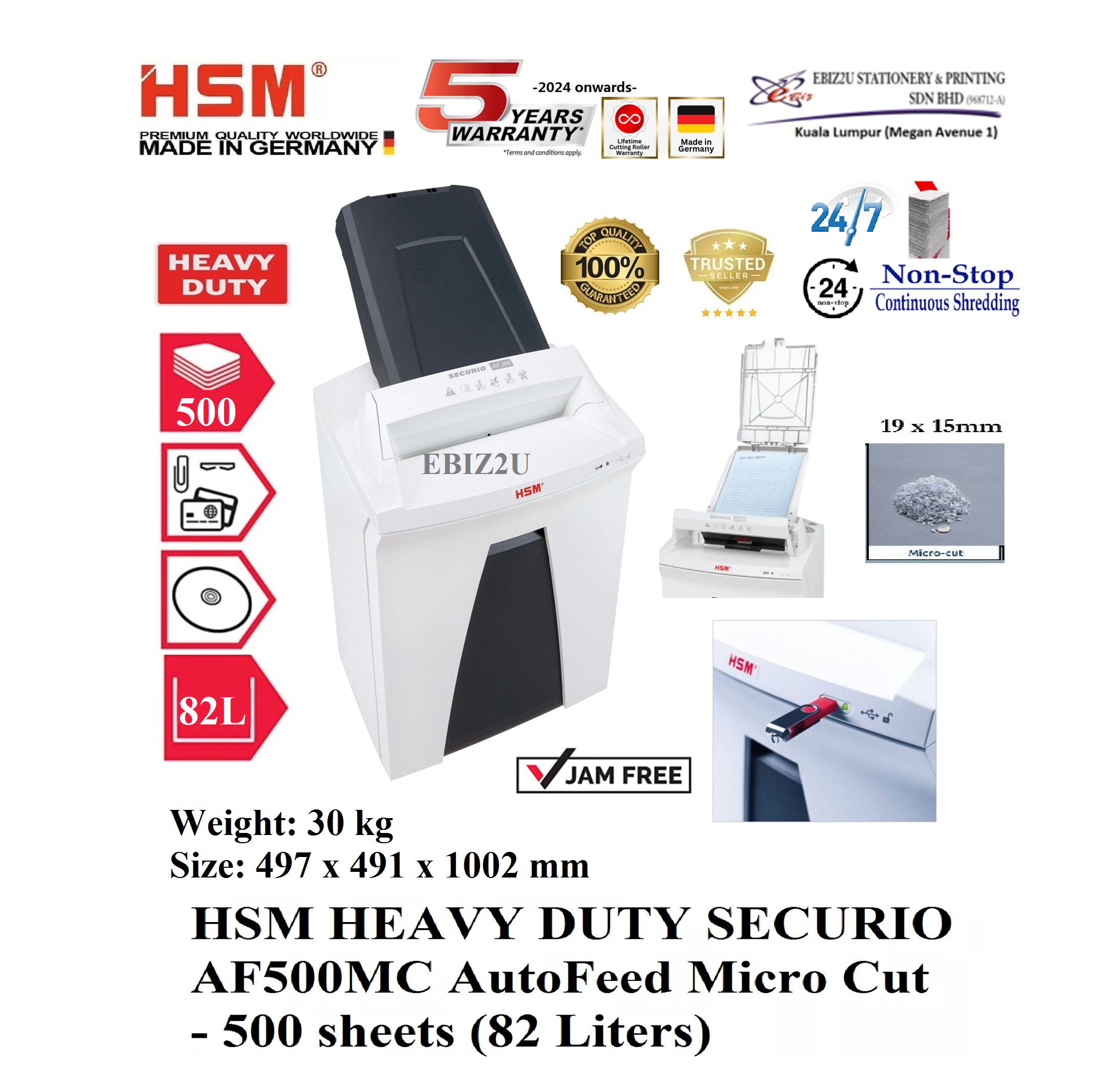 HSM HEAVY DUTY SECURIO AF500 AutoFeed Micro Cut - 500 sheets (82 Liters) ( Micro Cut, Paper Shredder, Shredder Machine, Office Shredder, Heavy Duty Shredder, Mesin Penghancur Kertas)