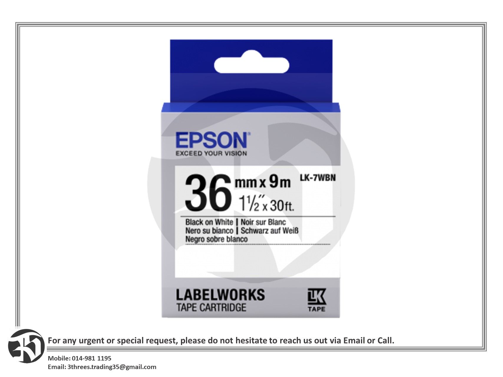 Epson LK-7WBN LabelWorks Tape Cartridge 36mm Black on White Tape