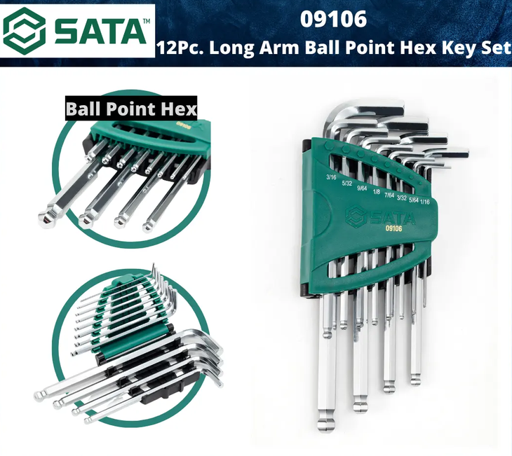 SATA 09106 12Pc. Long Arm Ball Point Hex Key Set, S.A.E.