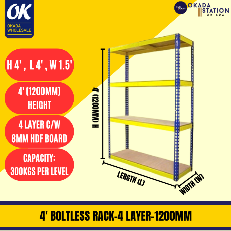 BOLTLESS RACK / H4' x L4' x W2' / 4 LAYER / 4' HEIGHT METAL RACK / 1200MM / RAK BESI