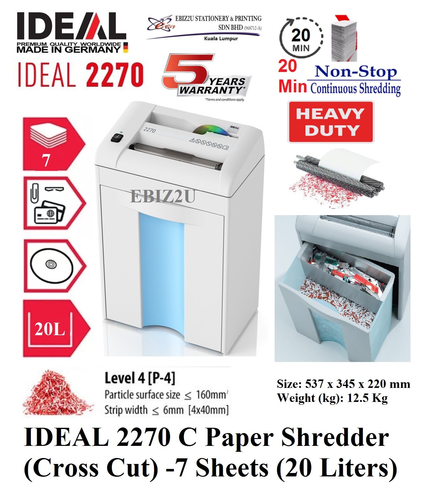 IDEAL 2270 C Paper Shredder (Cross Cut) -7 Sheets (20 Liters) 5 Years Warranty 2270C Cross Cut, Paper Shredder, Shredder Machine, Office Shredder, Heavy Duty Shredder, Mesin Penghancur Kertas)