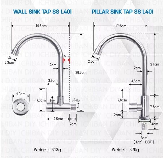 Pillar / Wall Sink Tap L0401 Stainless Steel SUS304 304