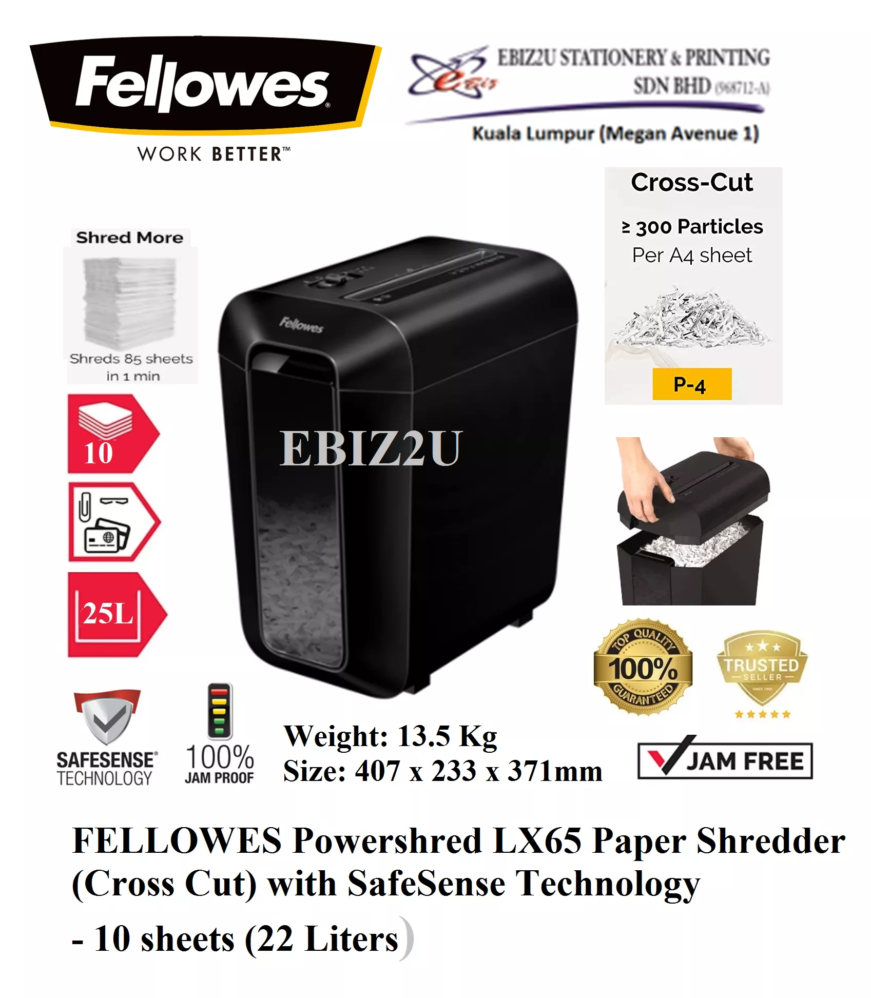 FELLOWES Powershred LX65 Paper Shredder (Cross Cut) 4 x 40 mm - 10 sheets (22 Liters) replace FELLOWES 60CS