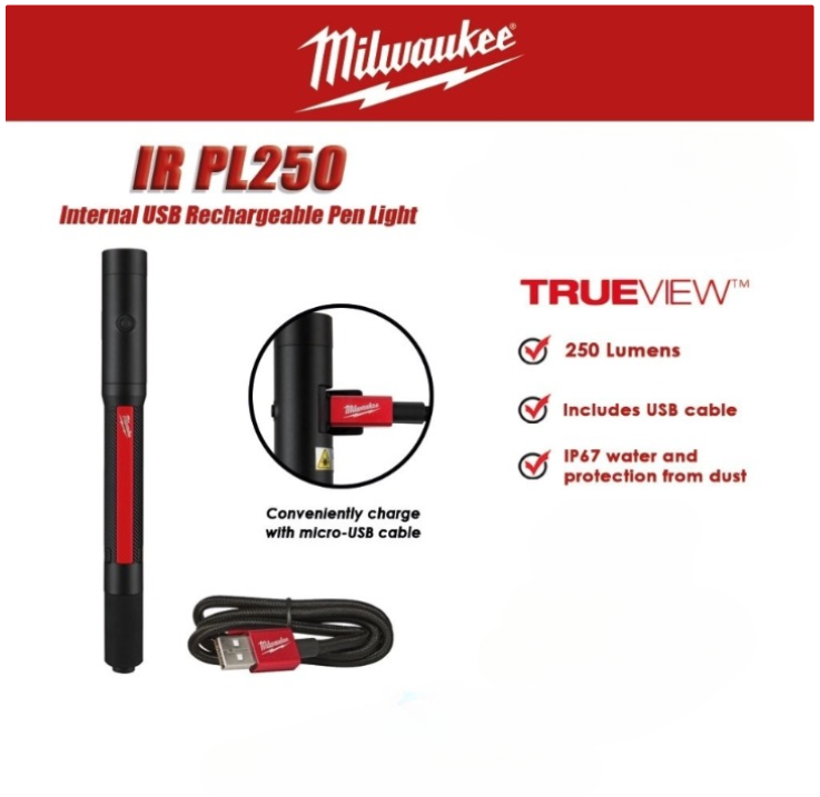 MILWAUKEE IR PL250 INTERNAL USB RECHARGEABLE PEN LIGHT 250 LUMENS