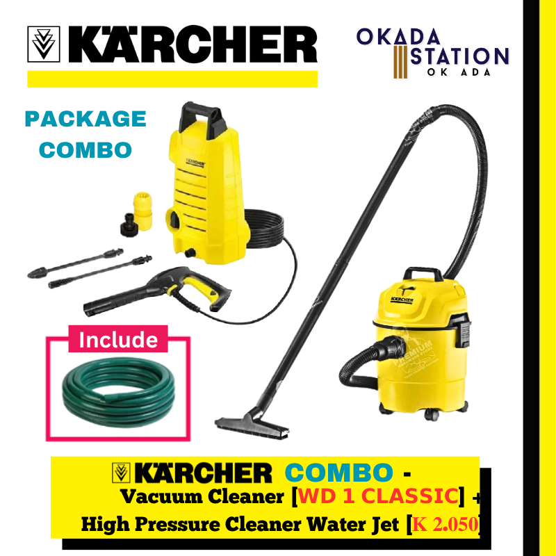 KARCHER COMBO - Vacuum Cleaner (WD 1 CLASSIC) + Water Jet (K 2.050) Combo Set / 1200W - 100 BAR / Vacuum & High Pressure Washer Set / Cleaning Tool