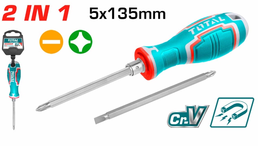 TOTAL THT250226 2 IN 1 SCREWDRIVER (MATERIAL: CHROMIUM-VANADIUM STEEL (CR-V MAGNETIC) / SIZE: PH1 + SL5 / LENGTH: 135MM / WIDTH: 5MM))