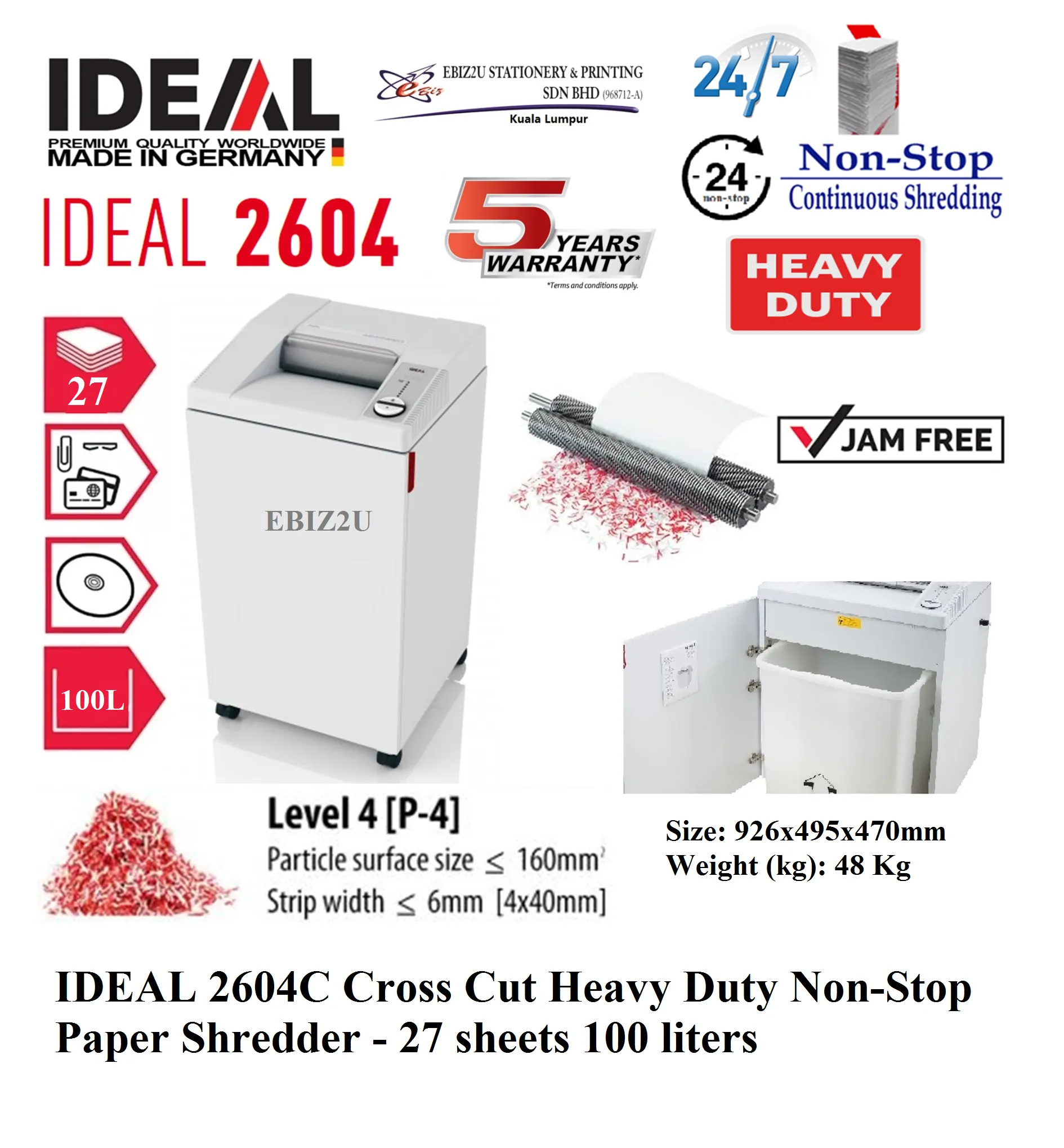 IDEAL 2604 C Cross Cut Heavy Duty Non-Stop Paper Shredder - 27 sheets 100 liters P-4 (4 x 40mm) ( 2604C, Paper Shredder, Shredder Machine, Office Shredder, Mesin Penghancur Kertas, Heavy Duty Shredder, Heavy Duty Paper Shredder)