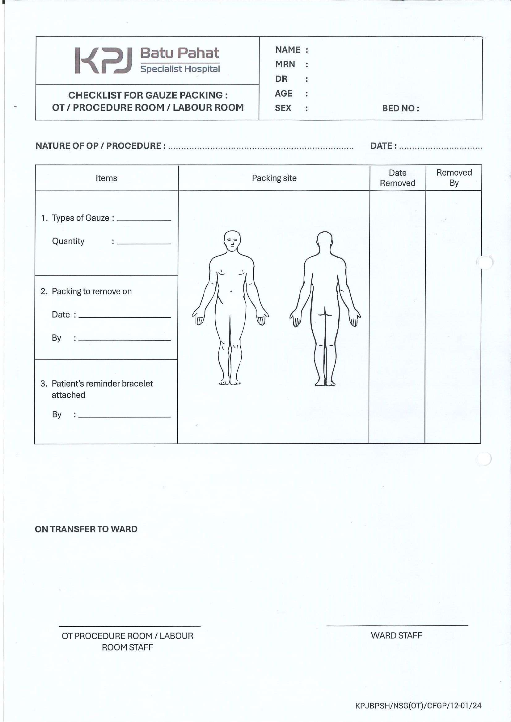 Checklist For Gauze Packing : Ot / Procedure Room / Labour Room