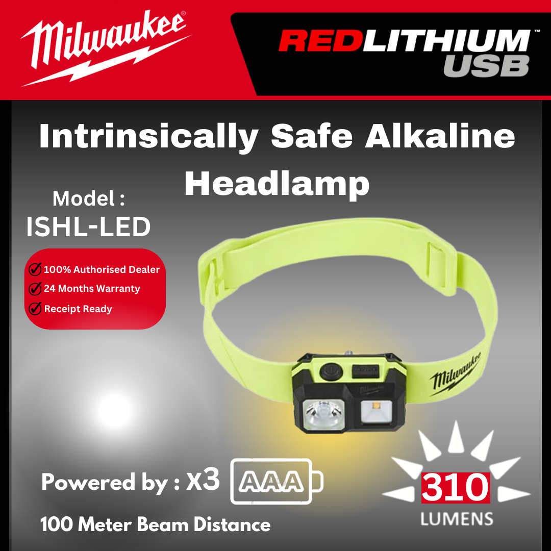 Milwaukee Intrinsically Safe Alkaline Headlamp 310 Lumen / ISHL-LED / Torch Light / Head Lamp / Flash light / Work Light / Lampu Kerja / Milwaukee Light / Milwaukee Lampu