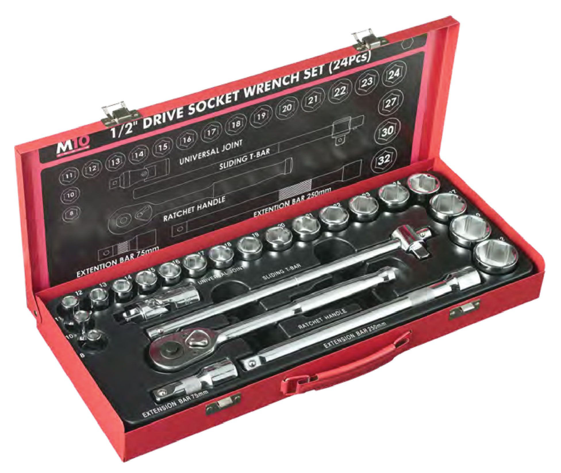 M10 1/2" Dr Socket Set (12 PT Socket - Metric Size) : 419MB (24 Pcs)
