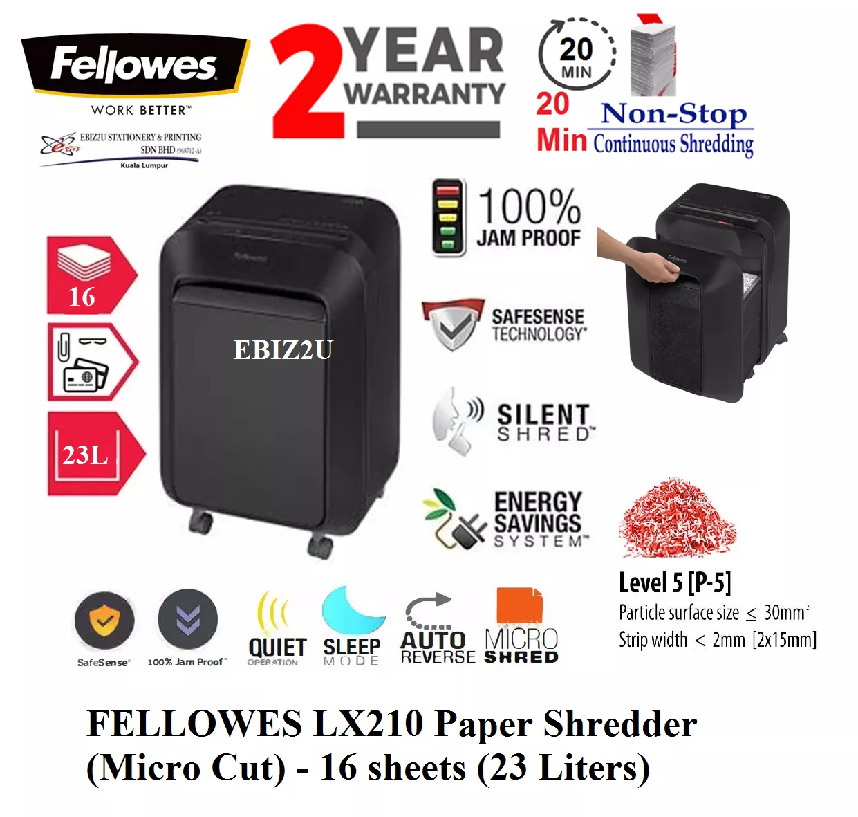 FELLOWES LX210 Paper Shredder (Micro Cut- 4 x 12mm) - 16 sheets (23 Liters) (Micro Cut, Paper Shredder, Shredder Machine, Office Shredder, Heavy Duty Shredder, Mesin Penghancur Kertas)