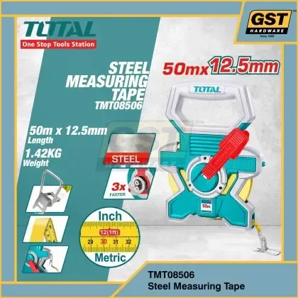 TMT Total 50mm x 12.5mm Heavy Duty Steel Measuring Tape TMT08506 – 3X Faster | Hook Stand | Claw Grip Design