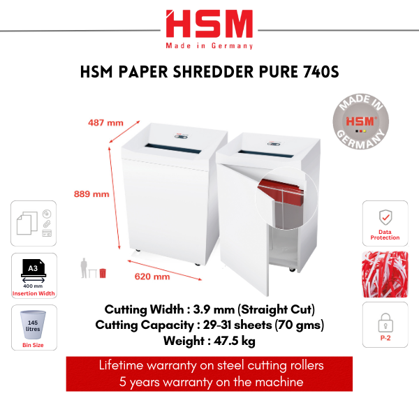 HSM Paper Shredder Pure / 740S / SRIGHT CUT / CROSS CUT /