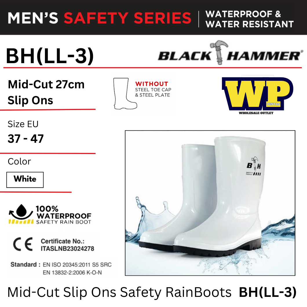 BLACK HAMMER SAFETY RAIN BOOTS WITHOUT STEEL TOE CAP & PLATE - BH(LL-3) / BLACK HAMMER / BLACK SAFE / MID-CUT 27CM SLIP ON / SAFETY BOOTS/ RAIN BOOTS / RUBBER BOOTS / FOOT PROTECT / WATERPROOF / KALIS AIR / KASUT KILANG / BOOTS KESELAMATAN