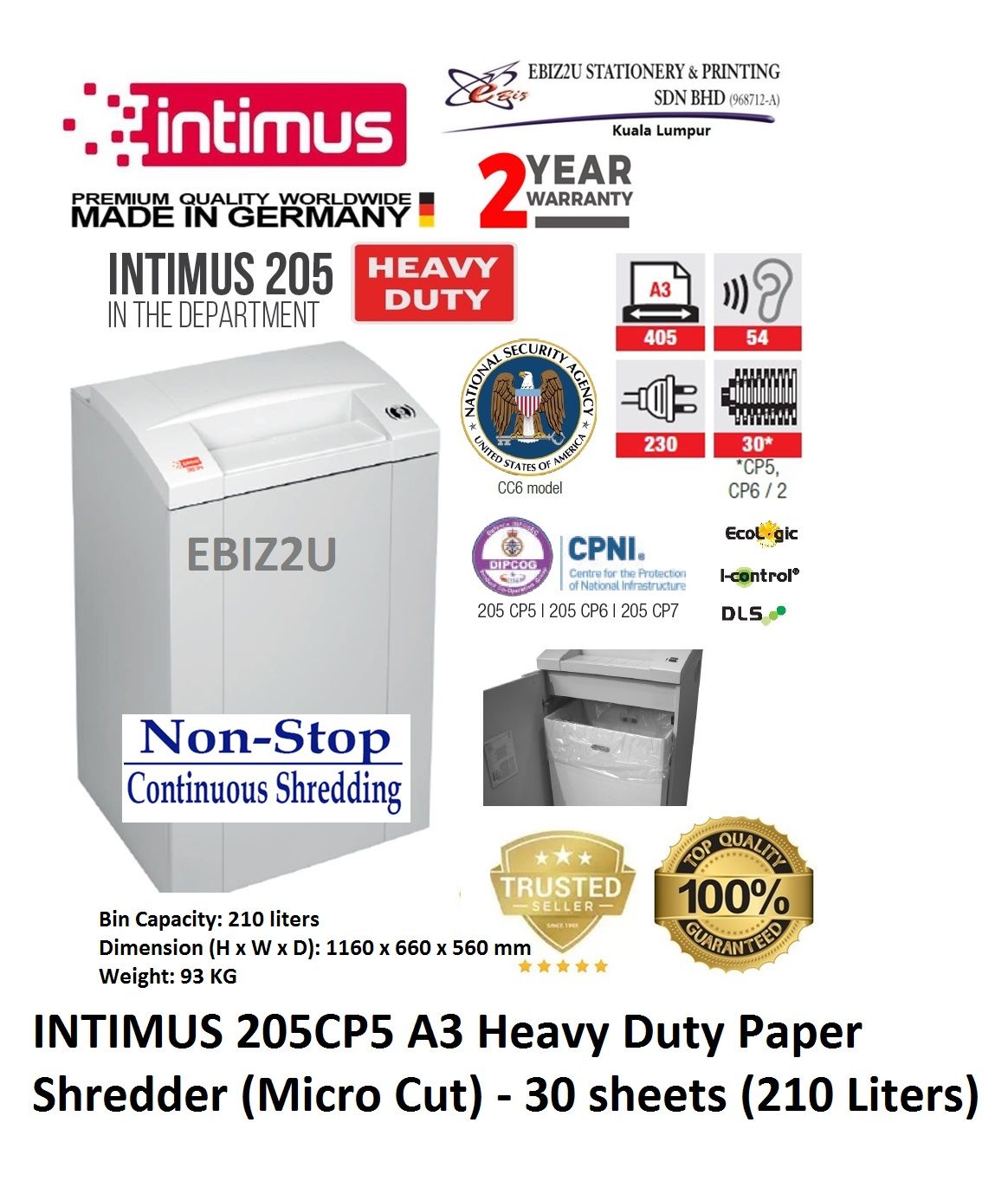 INTIMUS 205 CP5 Paper Shredder (Shred Capacity: 25-30 Sheets, Micro Cut: 1.9x15mm, Bin Capacity: 205 Liters)_Made in Germany