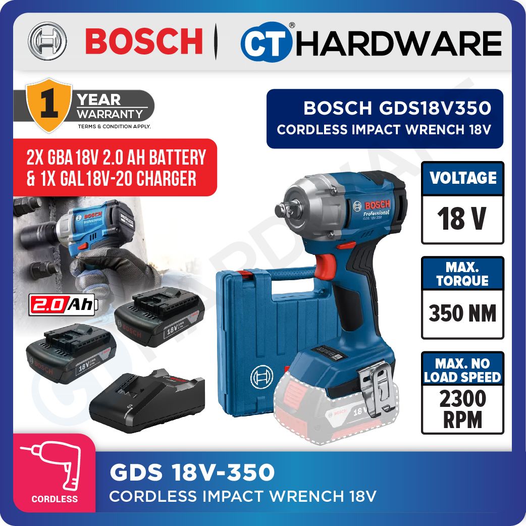 BOSCH GDS 18V-350 BRUSHLESS IMPACT WRENCH 18V 350NM 1/2" 06019M50L1 C/W 2 BATTERIES 4.0AH & 1PC CHARGER [GDS18V350]