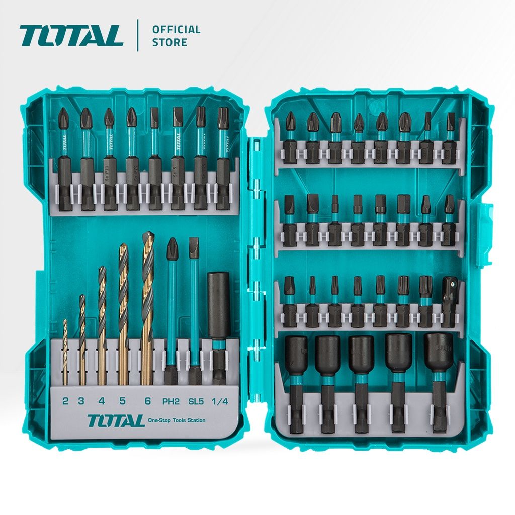 TOTAL IMPACT SCREWDRIVER BITS SET WITH HSS DRILL & MAGNETIC NUTS IN PLASTIC CASE (25MM/50MM/89MM/45 PCS) TACSDL24502