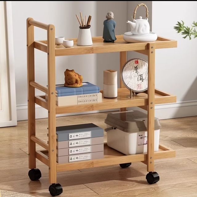 3 Tiers Movable Trolley Storage Rack Coffee Tea Table With Wheels Wooden