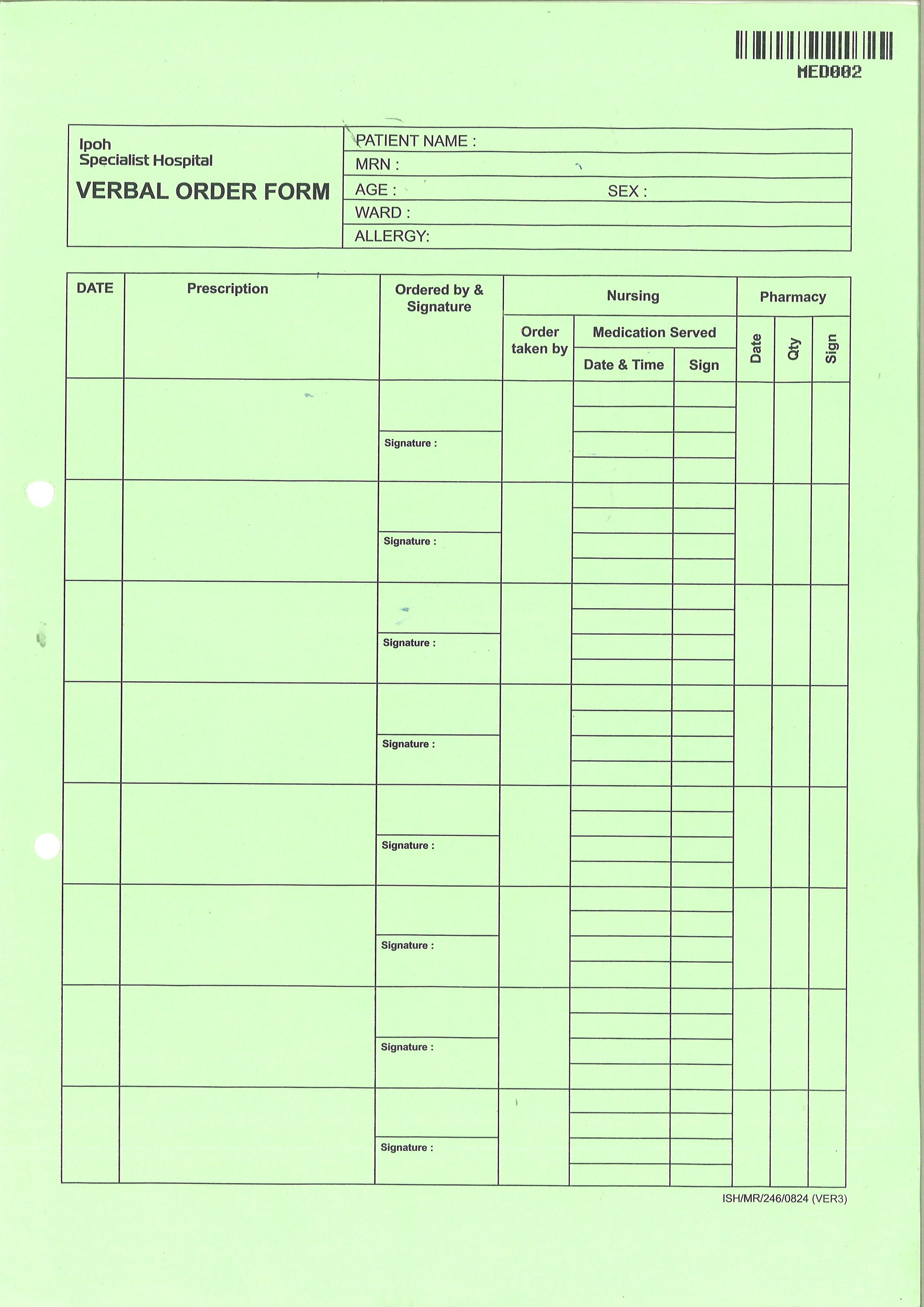VERBAL ORDER FORM