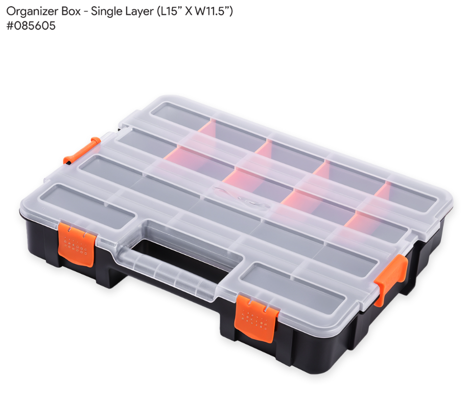 RANDOM ACCESSORIES & TOOLS SINGLE LAYER ORGANIZER BOX (L15” X W11.5”) RANDOM