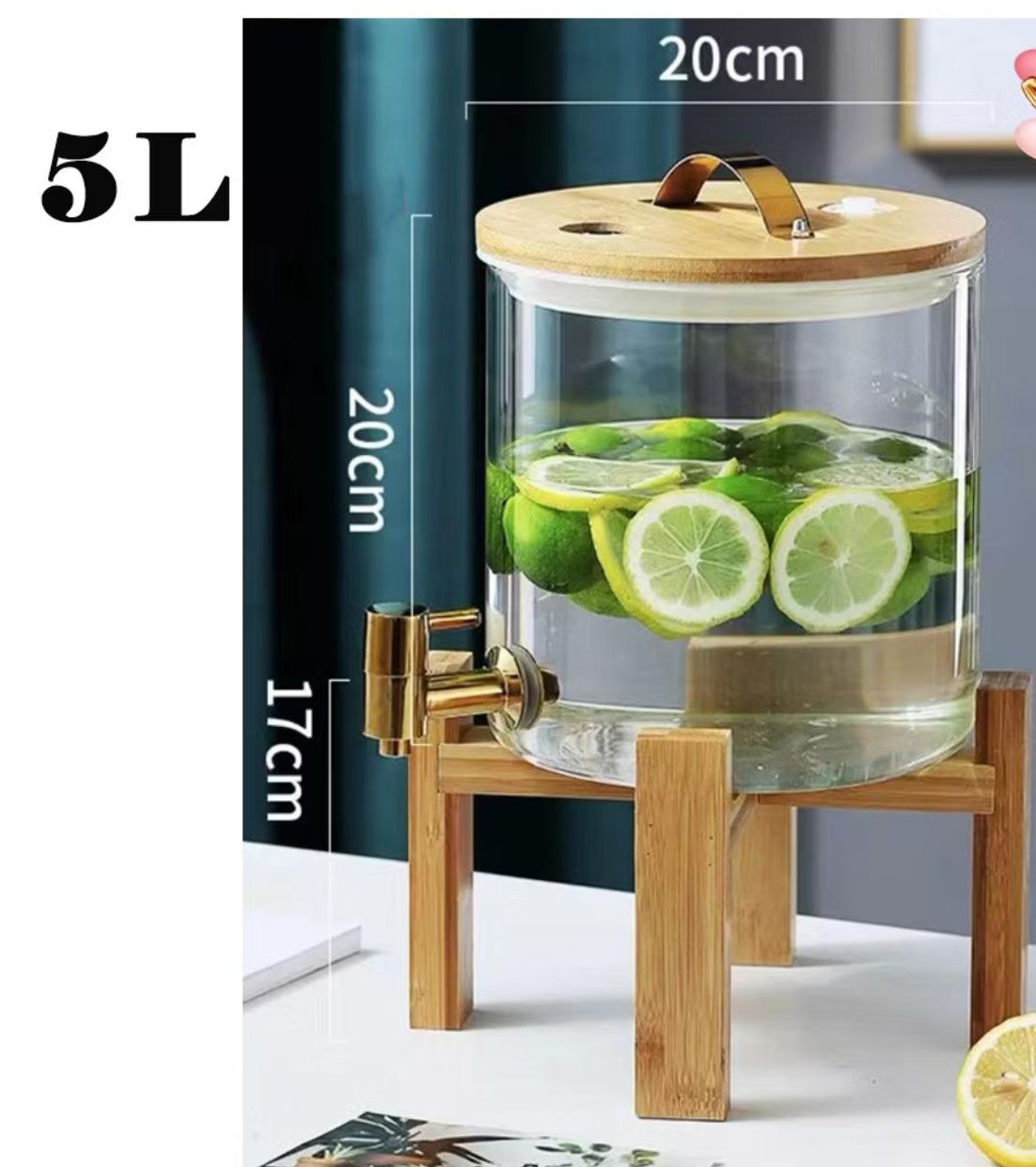 *5l Glass Beverage Dispenser with Wood Stand Drink Dispenser with Spigot Hot or Cold Drinks Ice Water Party