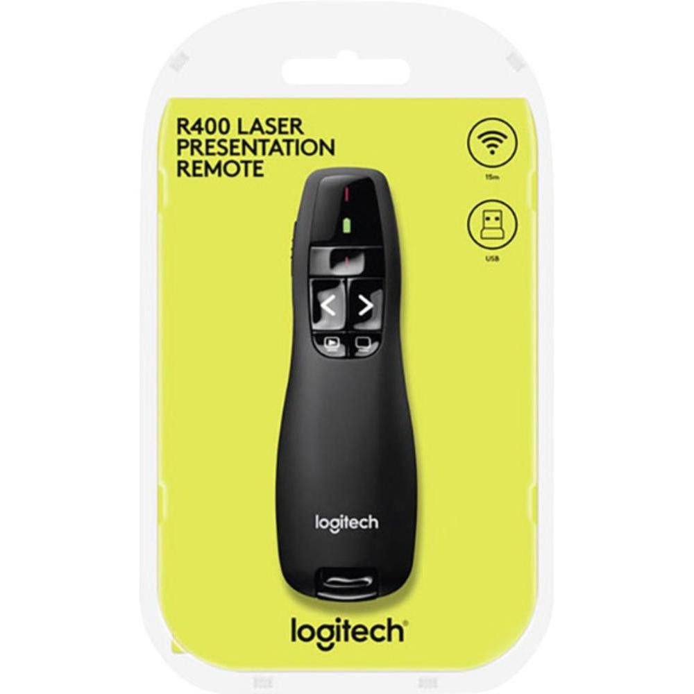 *Logitech R400 Wireless Presentation Remote, 2.4 GHz, USB-Receiver, Red Laser Pointer, PC- Black