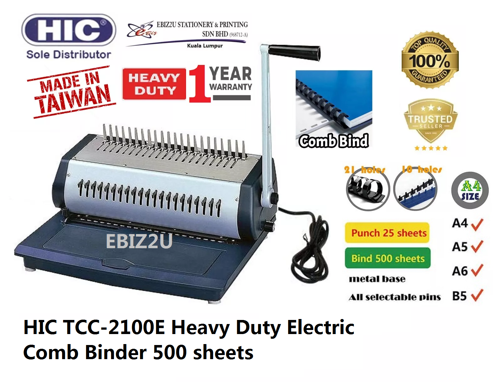 HIC TCC-2100E Heavy Duty Electric Comb Binder (electric binding machine, heavy duty binding machine, electric Comb binding machine best binding machine, electric binder, electric comb)