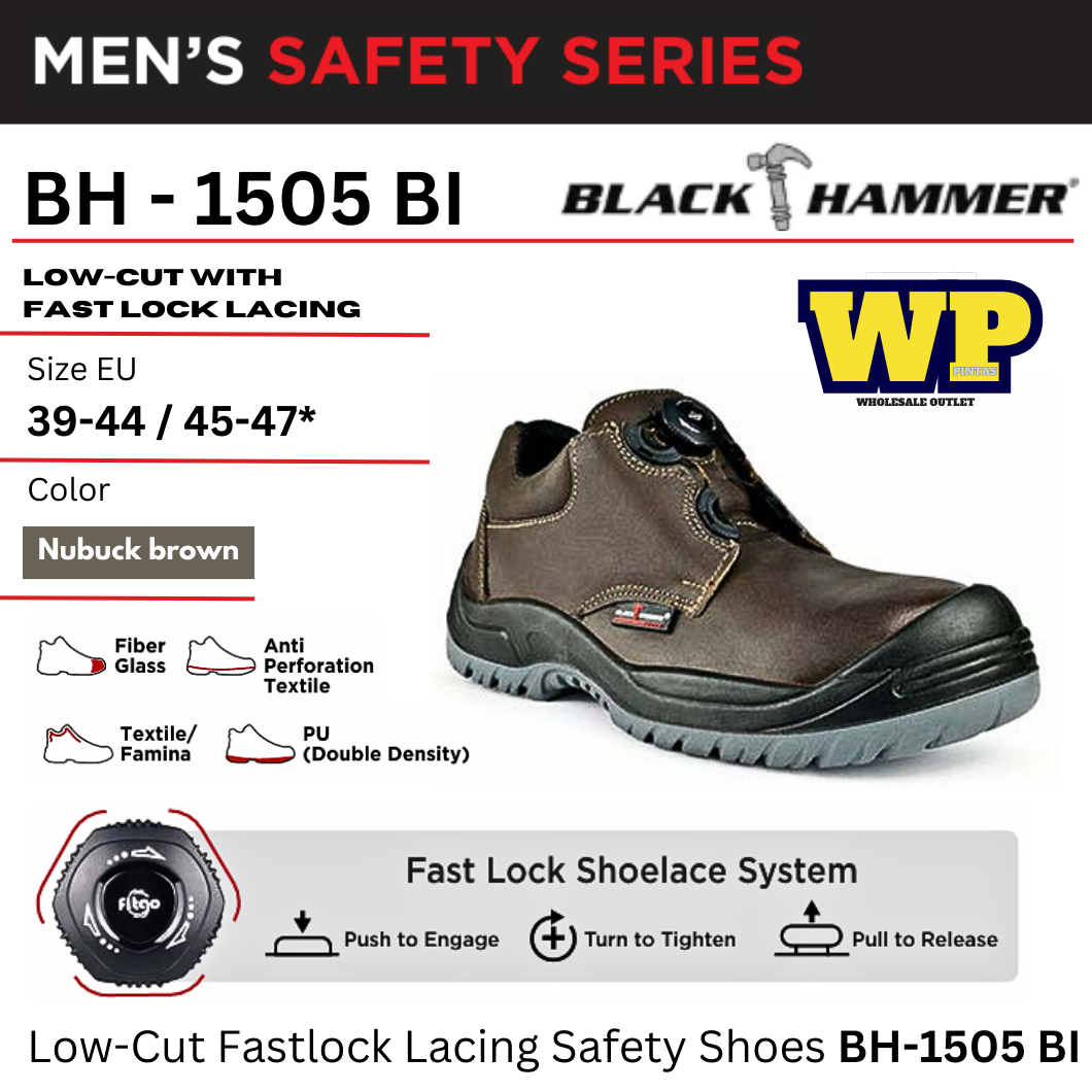 BLACK HAMMER SAFETY SERIES LOW-CUT FASTLOCK LACING SAFETY SHOES- (BH-1505 BI) / BLACK HAMMER / BLACK SAFE / LOW-CUT FASTLOCK LACING / SAFETY SHOES / SAFETY BOOTS / FOOT PROTECT / KASUT KILANG / KASUT KESELAMATAN / BH-1505 BL