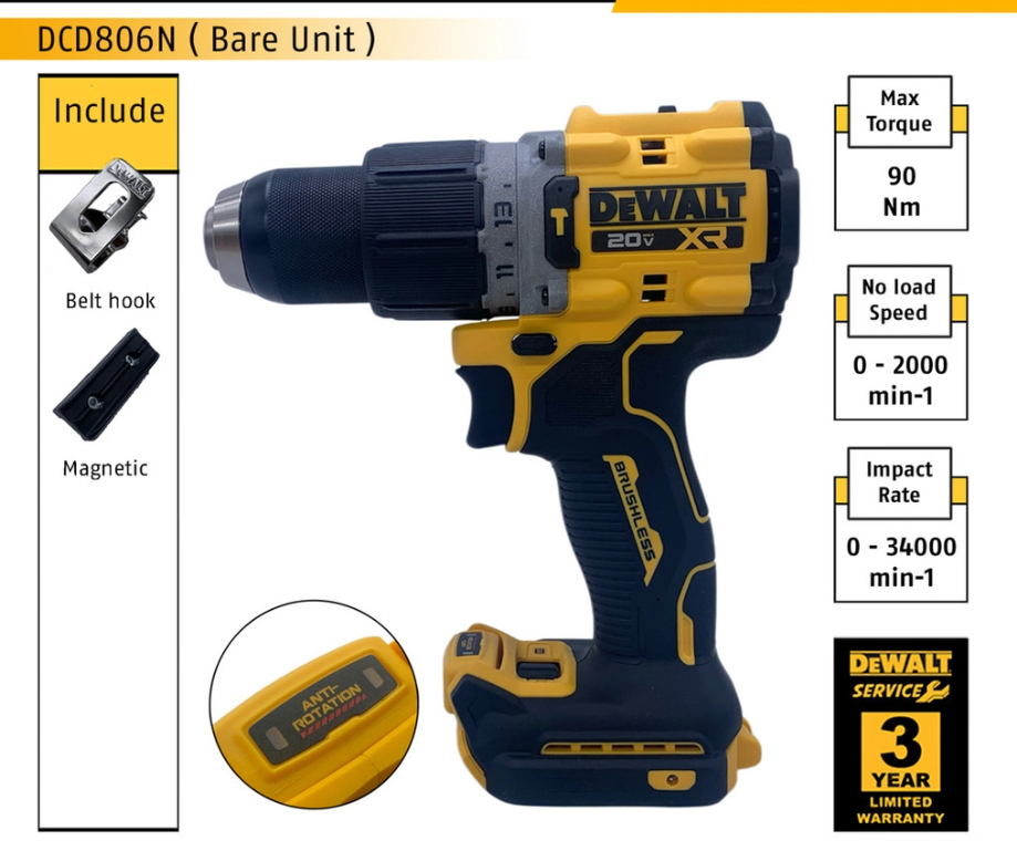 DEWALT DCD806N-B1 13MM ( 1/2" ) 18/20V BRUSHLESS CORDLESS HAMMER DRILL DRIVER ( DCD806N BARE UNIT )