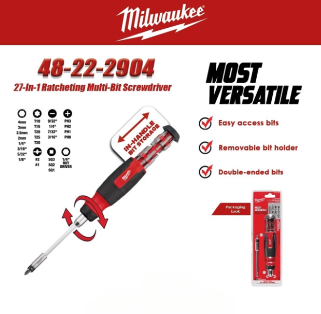 MILWAUKEE 27-IN-1 RATCHETING MULTI-BIT SCREWDRIVER IN-HANDLE BIT STORAGE (48-22-2904)
